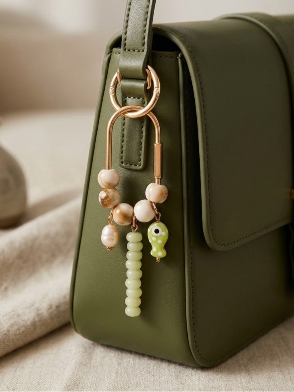 Carabiner Beaded Bag Charm Keychain with Faux Pearl & Green Fish Charms